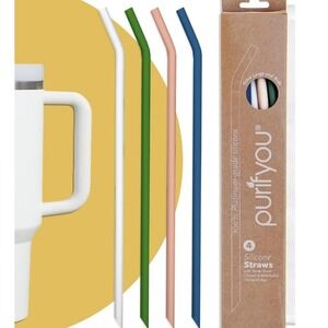 Purifyou Platinum 14.5in Silicone Straws Extra Long Wide Set 4 Colors with Brush